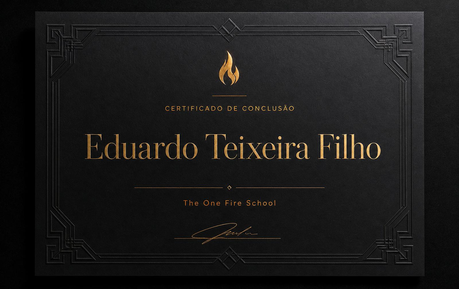 Certificado de conclusão da The One Fire School em papel escuro com emblema de chama em relevo dourado